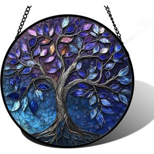 Stained Glass Window Hanging, Blue Purple Tree of Life Sun Catchers Colorful Glass Panel Plants Suncatcher Decor for Birthday for Women,Men,Wife, Lovers, and Mom 6.3 in