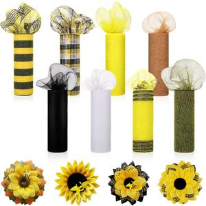 Newwiee 8 Rolls Bee Day Mesh Ribbon for Wreaths 10 Inch x 30 Feet Each Roll Decor for Wreath and Sunflower Wreath Mesh Ribbon Metallic Foil Bee Day Decoration DIY Crafts Making Supplies