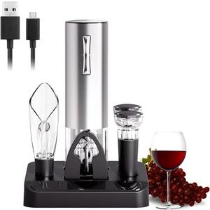 COKUNST Electric Liquor Opener Set with Stand, USB Charging Corkscrew Remover, One-click Button Rechargeable Cordless Bottle Openers with Liquor Pourer, Vacuum Stoppers, Foil Cutter for Home Party Wedding (Silver)