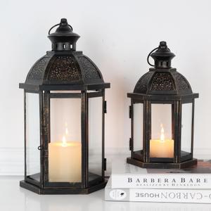Large Lantern Decorative Outdoor & Indoor, Set of 2 (15&11) Metal Candle Lanterns Decor, Vintage Hanging Candle Holder for Front Porch Patio Wedding Farmhouse Home, Spring Decoration (Black / 14.6''h+10.8''h)