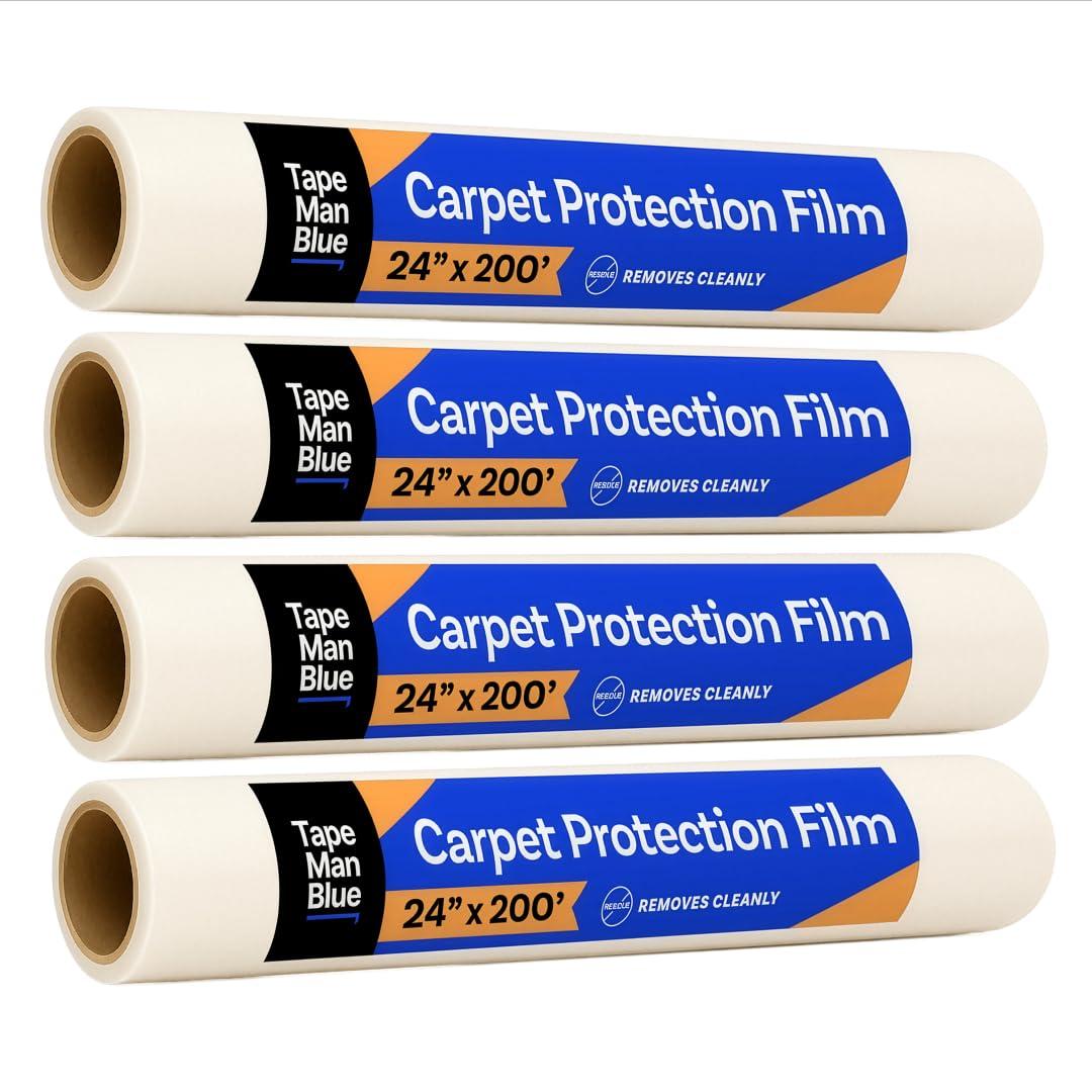 TapeManBlue Carpet Protection Film 24" x 200', 4 Rolls, Self Adhesive Plastic Carpet Protector Film with Clean Removal & Easy Unwind, Durable Protection Tape to Shield Your Surface