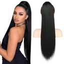 Flufymooz ponytail extension, 26 Inch Long Straight Drawstring Ponytail Hairpieces Fake Pony Tails Natural Soft Clip in Hair Extension Pony Tail for Women (Jet Black)