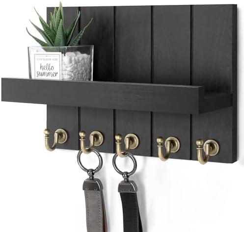 Rebee Vision Farmhouse Key Holder for Wall - Modern Key Racks for Wall Decor Living Room and Mail Organizer with Shelf for Apartment Essentials - Home Decor Aesthetic (Black, 3.54"D x 10"W x 7.28"H)