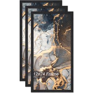 Engineered Wood 12x24 Picture Frame Set of 3, Black Frame for 12 x 24 Inch Picture Poster Photo, Light Weight 12 by 24 Frame with Wood-grain for Wall - 3 Pack/ Black/ 12 x24