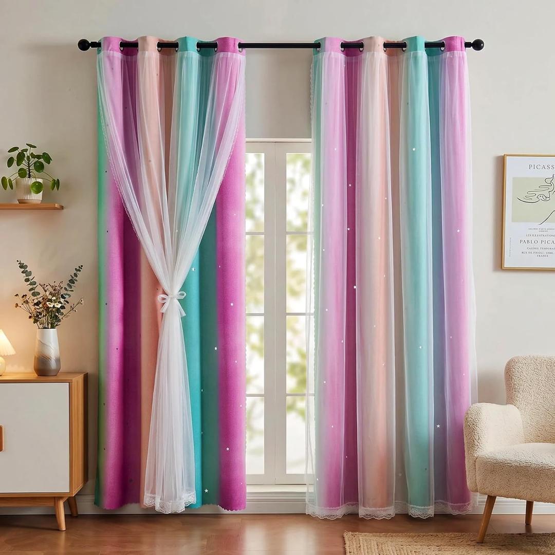 2 Panels Double Layer Star Cutout Curtains for Girls Bedroom, Rainbow Darkening Drapes Kids Room Window Decor, Thermal Insulated UV Protection Curtains, Pink Purple Green, W52 x L84