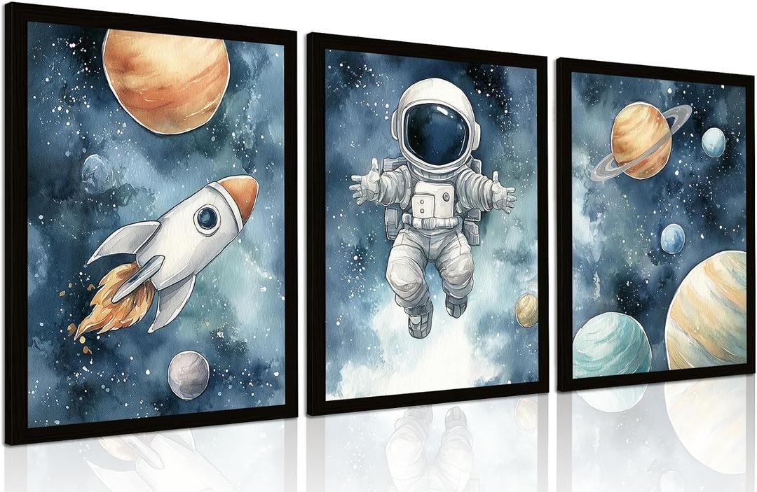 3 Pcs Astronaut Space Wall Art for Boys Room Framed 8x10 Inch Kids Outer Space Canvas Prints Rocket & Planets Galaxy Nursery Decor for Bedroom Playroom, 8W" x 10L"