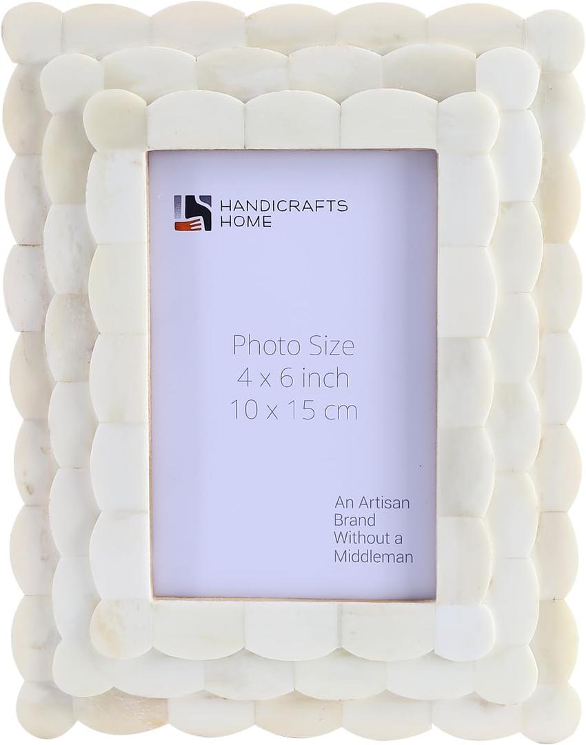Handicrafts Home Scalloped Art Inspired Bone Inlay Handmade 4x6 Picture Frame - Small Photo Frame for Wall Hanging, Desk Decor & Living Room Wall Decor - Farmhouse & Home Decor Gift Frame, White