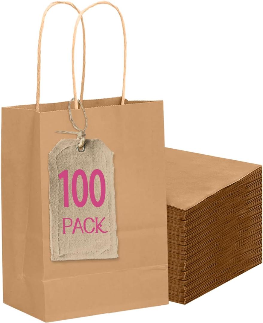 qiqee 100Packs Mini Size Paper Gift Bags with Handles Bulk 4.5"×2.5"×6" Brown Gift Bags Multiple Uses