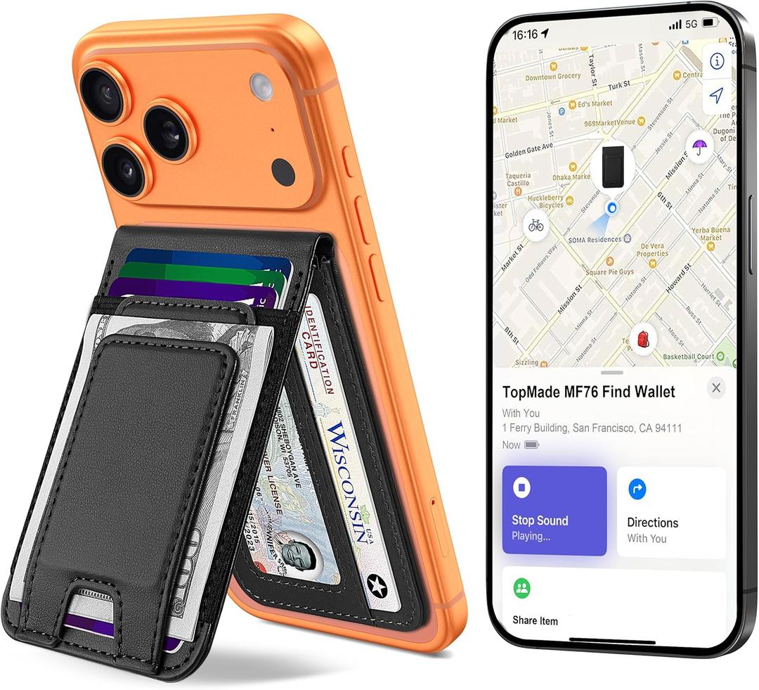 TopMade for MagSafe Wallet with Money Clip, Works with Apple Find My, Strongest Magnetic Wallet for iPhone 17/16/15/14/13/12 Series, for iPhone Wallet Stand with Finder Tracker, 8 Cards Holder, Black