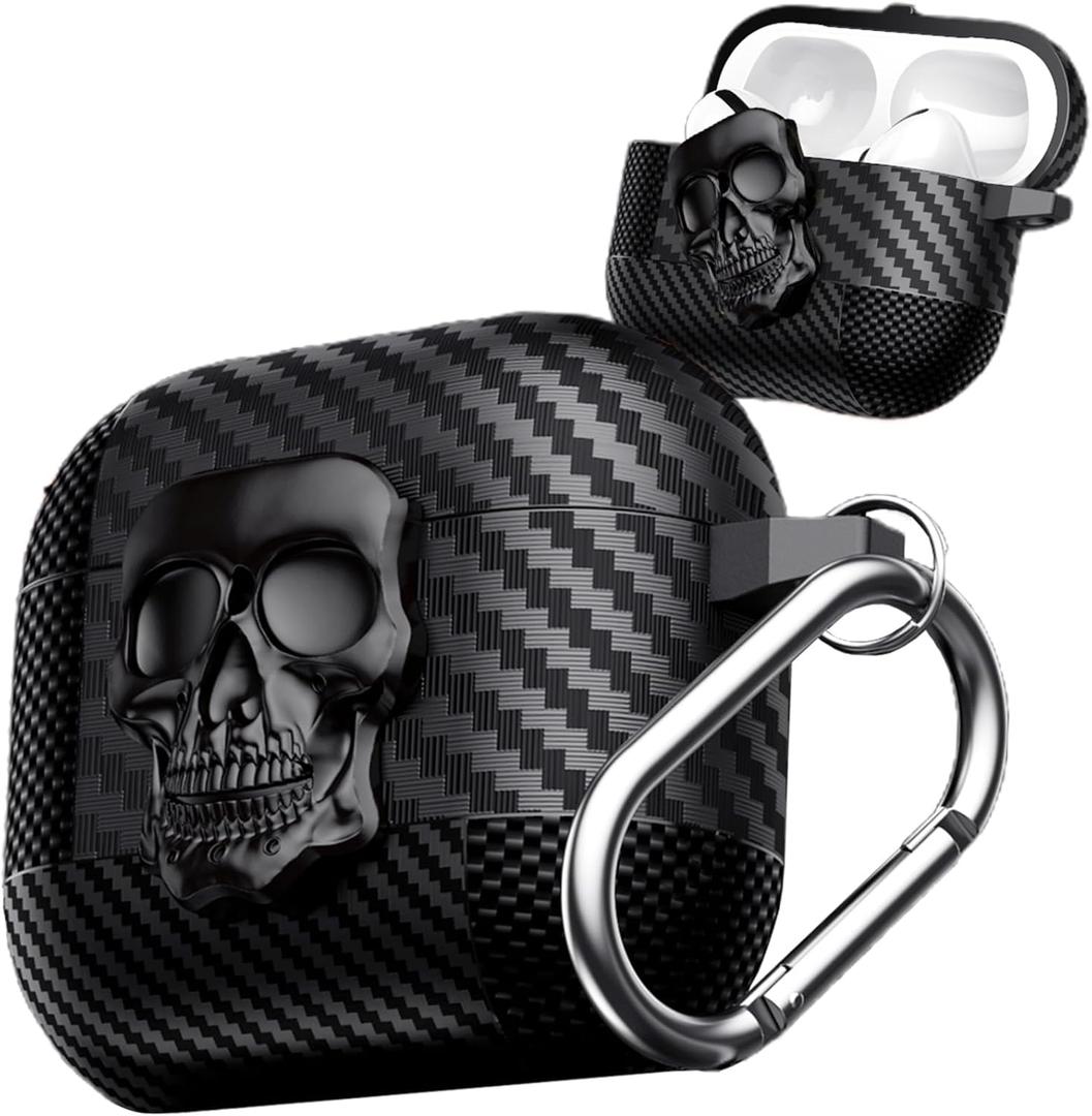 for AirPods 4 Case Skull with Lock & Keychain for Men, Funny Carbon Fiber Full Body Shockproof Hard Shell Protective Skeleton Cover for Airpods 4th Generation 2024 KLT Black