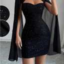 Women's Sequin Cloak Sleeve Dress Mock Neck Cocktail Long Flowy Sleeves for Going Out Fromal Prom Party (Black, L)