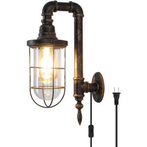 Plug in Wall Sconce Lights 14.2In Industrial Wall Lamp with UL Plug in Cord Fixtures with On Off Switch Rustic Bronze Farmhouse Mounted Lighting for Barn Loft Cafe Bar Cage Lighting with Clear Glass