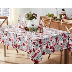 Newbridge Christmas Joy & Cheer Holiday Word Collage 60 x 102 Inch Rectangle Vinyl Tablecloth with Flannel Backing – Red Plaid Trees, Santa & Snowflake Print Easy-Care Wipe Clean Table Cover