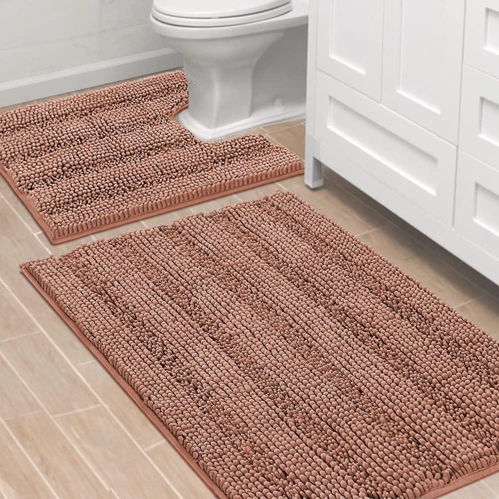 H.VERSAILTEX Bathroom Rugs Bath Rug Set 2 Piece Bathroom Contour Rug Toilet Mat Non Slip Contour Bath Rug Ultra Thick Water Absorbent Striped Bath Mats Washable(36" x 24" Plus 20" x 24" U, Muted Clay)