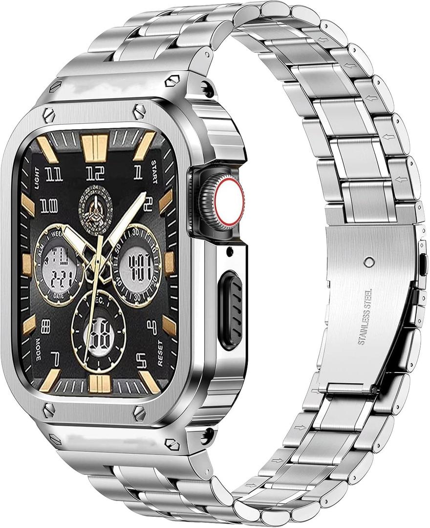 MioHHR Stainless Steel Watch Band with Case Compatible with Apple Watch Series 10 46mm,Rugged Strap with Metal Protective Bumper Cover for iWatch Band Men(Silver)