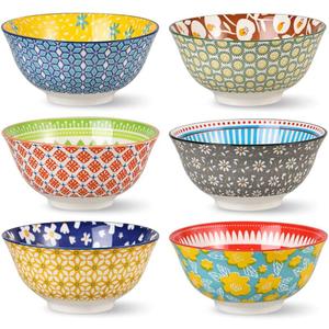 Porcelain Soup Cereal Bowls Set - Ceramic Bowls for Kitchen 23 oz - 6 Colorful Patterned Cute Bowl Sets - 6 Inch Deep Bowls for Oatmeal | Oat | Noodle | Breakfast - Dishwasher and Microwave Safe