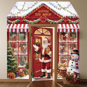 4 Pcs Christmas Santa's Toy Shop Door Decorations Christmas Door Cover Santa Claus Toy Shop Porch Banners Backdrop Xmas Hanging Banner for Winter Holiday Classroom Party Decor