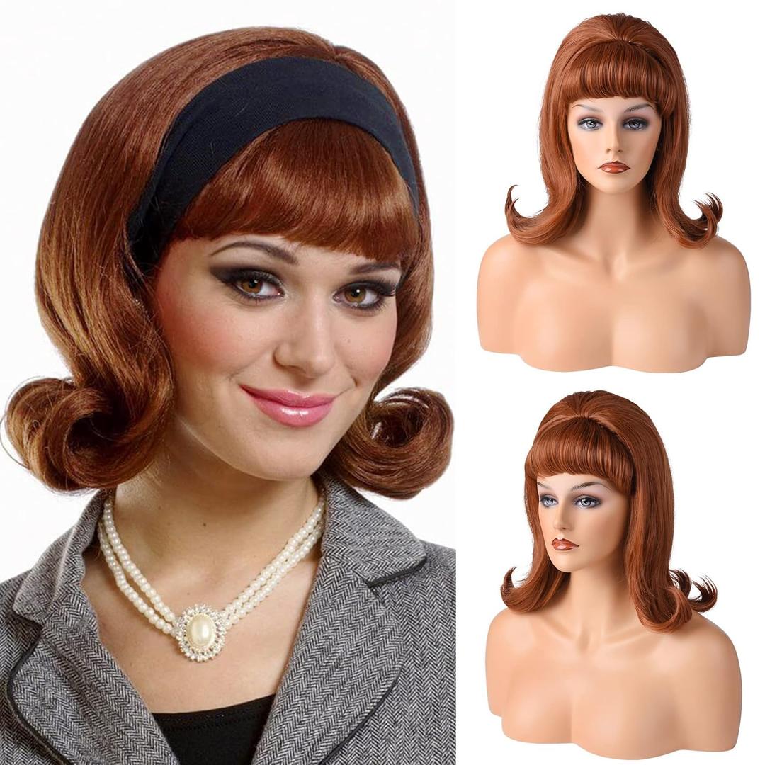 LONAI Retro Brown Wig 50s 60s 70s Wig with Bangs for Women Synthetic Hair for Halloween Costume Party (shoulder Length)