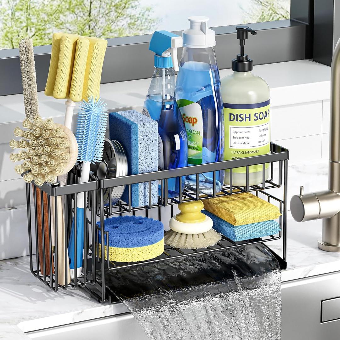 Cisily 2-Tier Kitchen Sink Caddy Organzier Rack with Flexible Dish Brush Holder, Sponge Holder for Kitchen Sink Countertop Organization Storage,Home Decor Accessories Essentials Stainless Steel (Medium, Black)