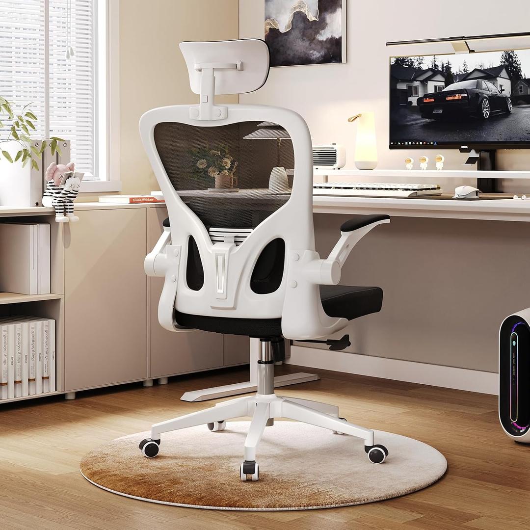 Ergonomic Office Chair, High-Back Mesh Computer Desk Chair with Adjustable Height, Lumbar Support, Flip-Up Armrests,headrestand Swivel Rolling Design for Home and Office Use (04white-black)