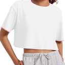 Fisoew Womens Oversized Crop Tops Casual Short Sleeve Crewneck Loose Basic Tee Summer Workout Running T Shirts (Large)
