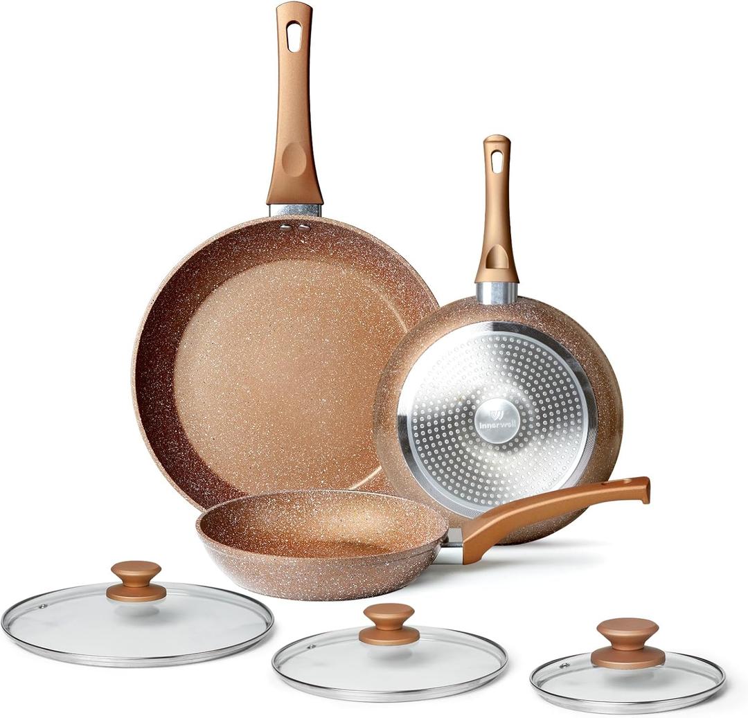 Healthy Nonstick Granite Cookware Set - 3 Pcs, Induction Skillets With Lids, PFOA Free, No Toxic Egg Omelette Frying Pan (Gold-8Inch+9.5Inch+11Inch With Lid)