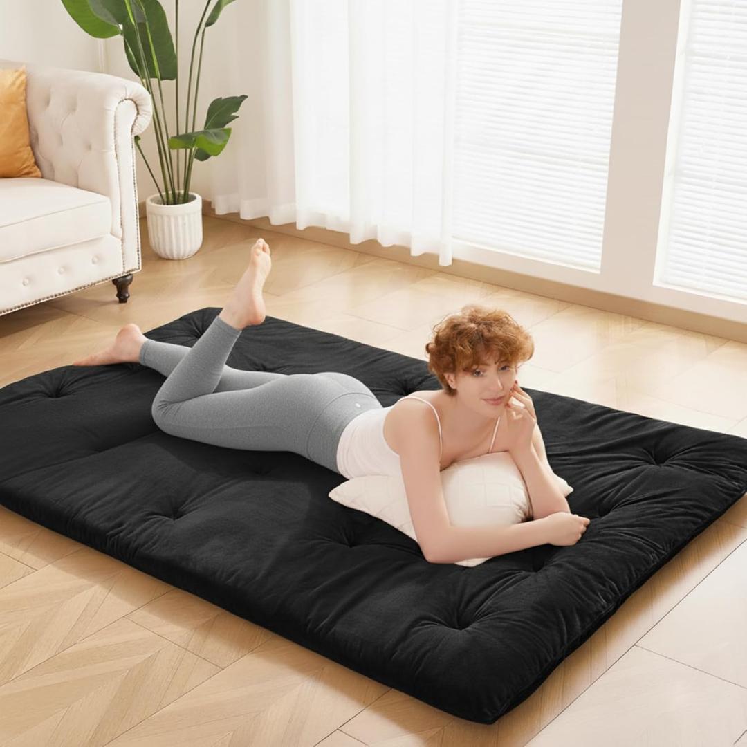 Japanese Floor Futon Mattress Full Size 54"x 80", 2.5'' Thick Foldable Roll Up Floor Bed Sleeping Pad, 25D Foam Filled Tatami Mat with Straps for Guest Room, Dormitory & Camping, Black