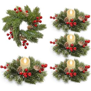4 Pcs 9" Christmas Candle Rings Wreath Flocked Pine Red Berry Pinecones Small Wreaths Artificial Berries Snowy Pine Candle Ring Holder for Kitchen Cabinets Christmas Wedding Home Table Centerpiece