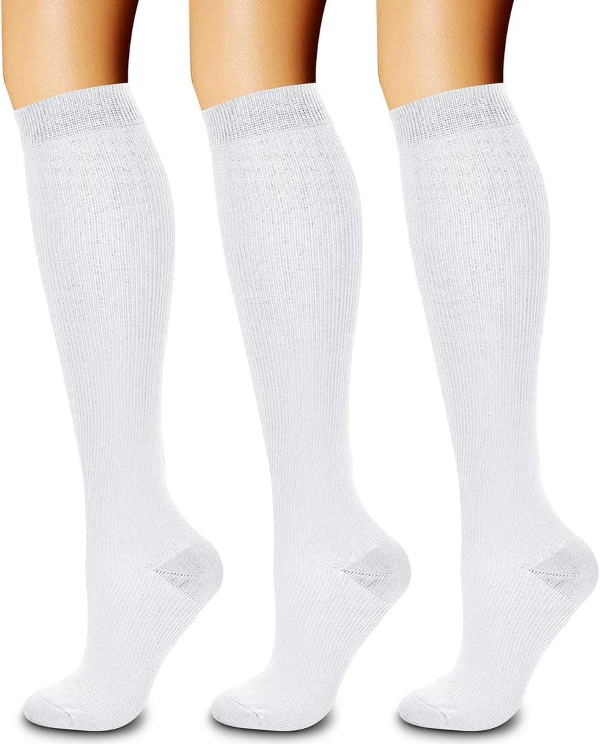 CHARMKING Compression Socks for Women & Men Circulation (3 Pairs) 15-20 mmHg is Best Athletic for Running, Flight Travel, Support, Cycling, Pregnant - Boost Performance, Durability (L/XL, White)