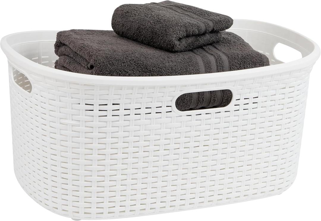 Mind Reader 40L Laundry Basket, Clothes Hamper, Wicker Design, Plastic, 23"L x 14.5"W x 11"H, Ivory