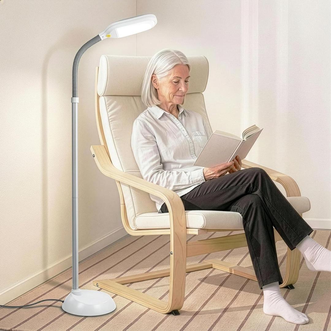 Brightech Litespan - Bright LED Floor Reading Lamp for Over Chair Crafts and Reading, Estheticians' Light for Lash Extensions, Adjustable Standing Lamp for Living Room, Bedroom, Office - White