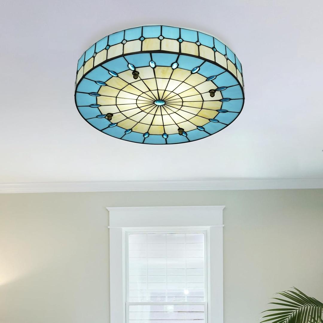 Blue Tiffany Style Ceiling Light, Elegant Stained Glass Flush Mount Ceiling Light, Decorative Round Ceiling Lamp for Bedroom, Living Room (19.6")