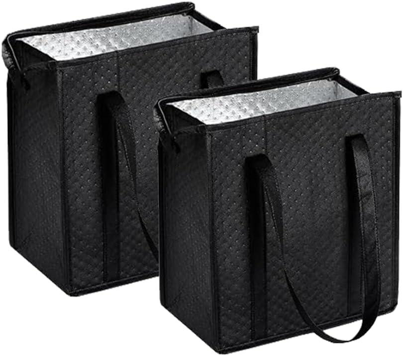 18L Insulated Grocery Bags with Zipper, Reusable Thermal Cooler Tote Bag for Hot & Cold Food, Foldable Shopping Bag (2, Black)