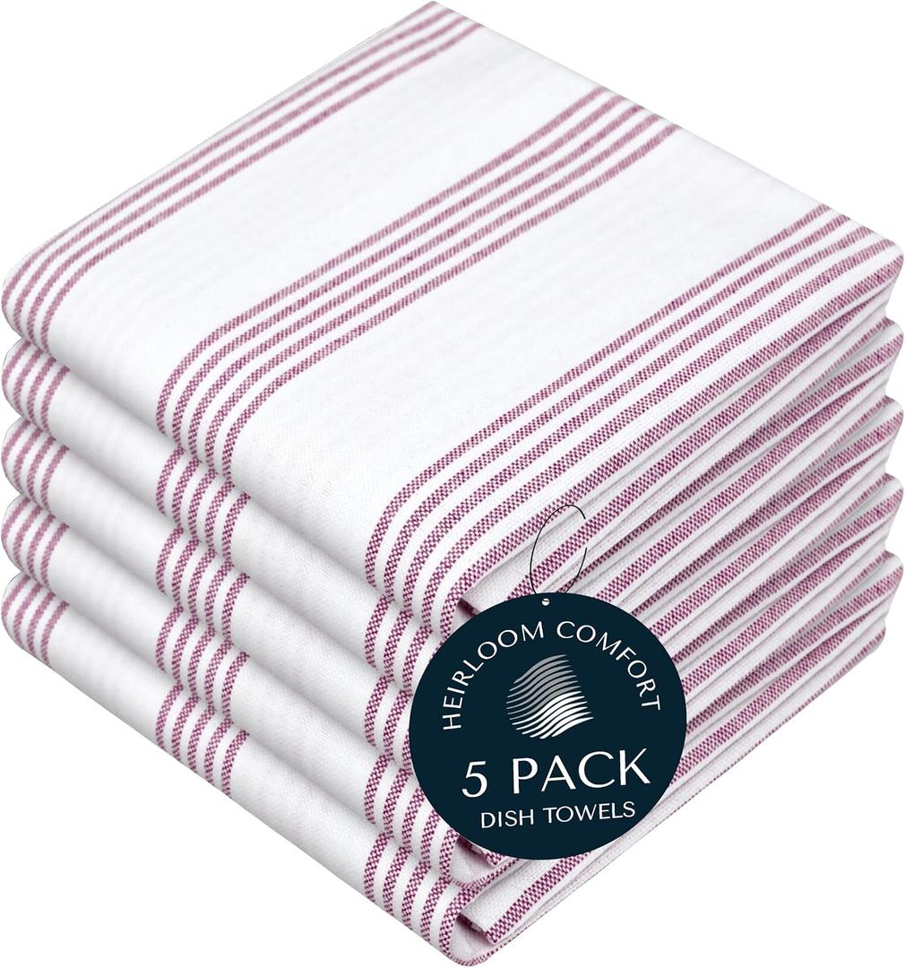 Burgundy Striped Kitchen Dish Towels (5-Pack), Quick Dry, Ultra Absorbent & Durable, 100% Cotton Multi Pin Stripe Towels for Drying Dishes, Wiping, and Daily Kitchen Cleanup