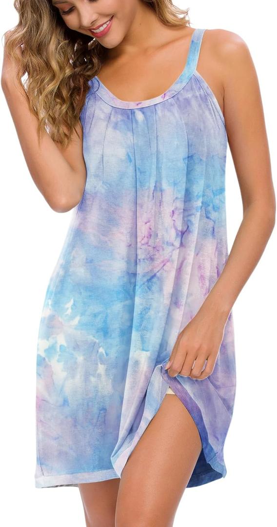 AVIIER Womens Nightgown Soft Cotton Sleeveless Sleep Shirts Wide Strap Nightshirts Full Slip Sleepwear (Small, Blue Pink)