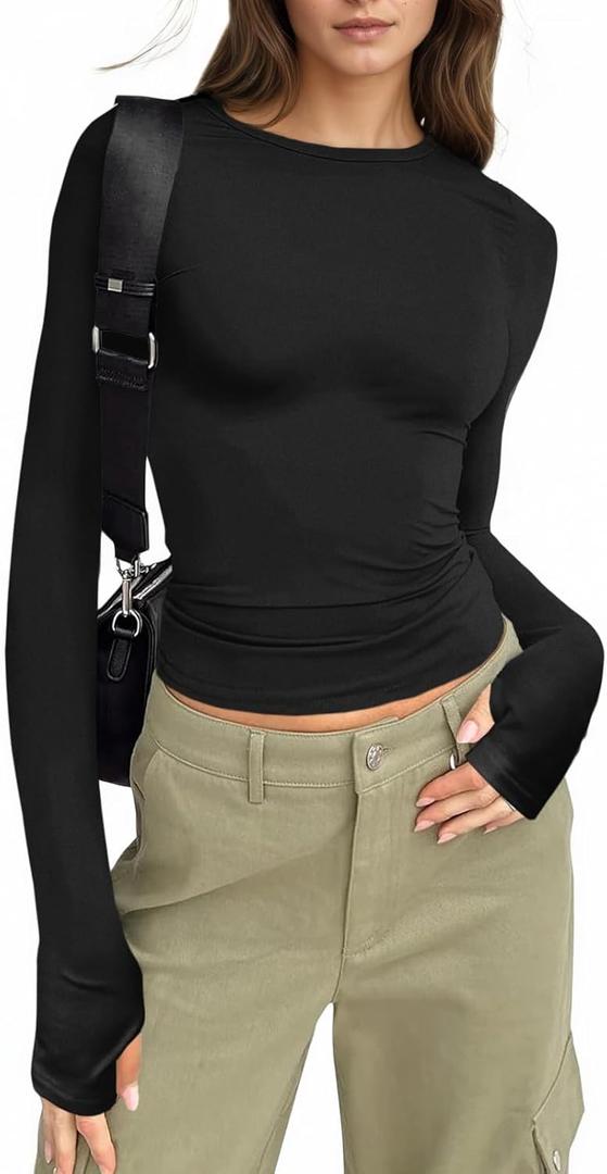 Fisoew Womens Long Sleeve T Shirts Crew Neck Basic Fall Fitted Tops Running Yoga Athletic Shirts with Thumb Hole (Black)