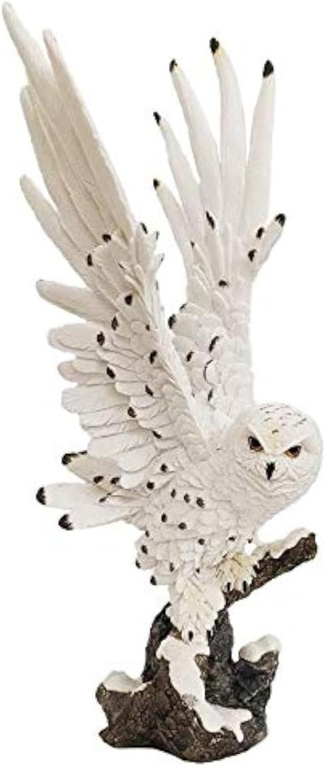 ICE Armor Detailed Craftmanship Snowy Owl Statue Figurine, Owl Perching on Branch Figurine for Shelf Table Counters, Fall Decor for Home, Animal Decorations Christmas Ornaments for Living Room (Medium to Large, 54556-white)