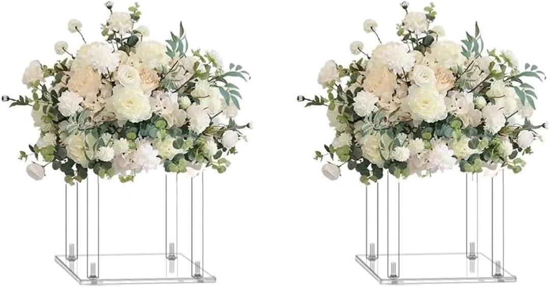 2 Pcs 10 Inches Acrylic Crystal Centerpieces for Wedding Table Decoration Backdrop Flower Stand Clear Column Pillar for Mariage Event Party Floral Dcor (Square)