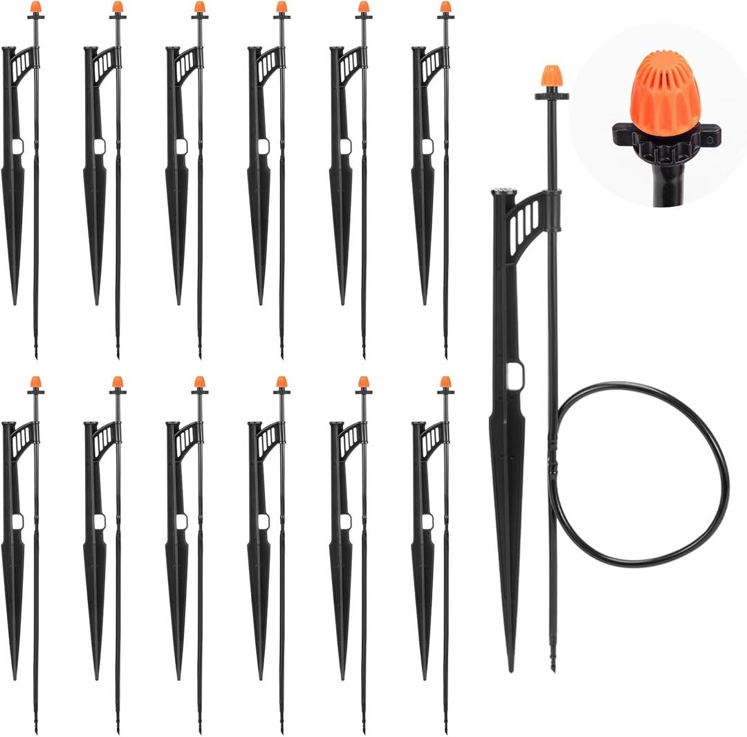 12 Sets 360Drip Micro Spray Emitters with Sprinkler Stake, Drip Sprinkler Heads with Adjustable Riser 1/4" Irrigation Tubing and Barbed Coupler,Micro Sprinkler Assembly for Garden Irrigation System