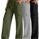 Women's Cargo Pants Multi Pocket Spring Summer Wide Leg Trousers Casual Loose Sports Long Pants,XL, Pack of 3, Green,Grey, Black