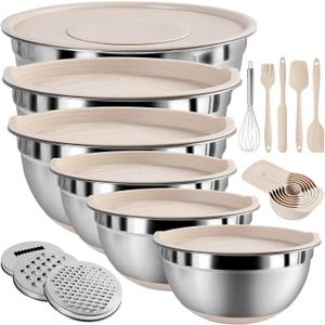 Mixing Bowls with Airtight Lids Set, 20 PCS Kitchen Gadgets Set, 6 Stainless Steel Bowls,3 Grater Attachments, Non-Slip Silicone Bottoms, Great for Serving & Baking, Size 5, 4, 3.5, 2.1, 1.5, 1.1QT (Khaki)
