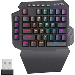 HUO JI Wireless One Handed Mechanical Gaming Keyboard, 6 Onboard Macro Keys, 2.4Ghz and USB-C Wired Dual Mode, RGB Led Backlit Blue Switch, Wrist Rest, Durable Battery