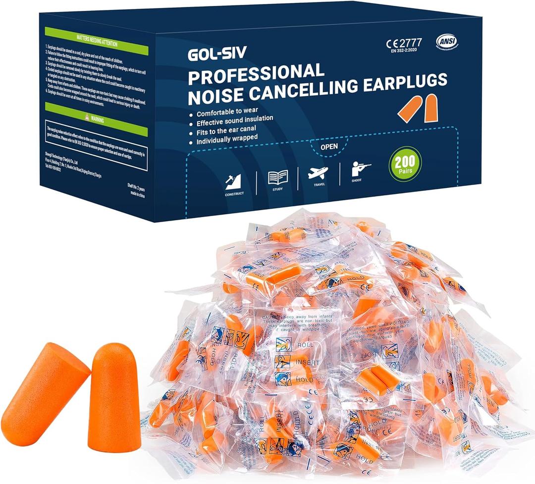 200 Pairs Foam Ear Plugs - 38dB(NRR 33dB) Noise Reduction Disposable Earplugs for Shooting, Sleeping, Work & Construction Site