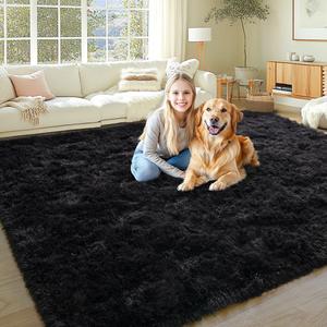 KING DARE 9x12 Area Rug for Living Room Plush Carpet, Soft Fluffy Shaggy Fuzzy Furry Large Black Rug, Anti-Slip Washable Modern Floor Rug for Bedroom Home Aesthetic Decor