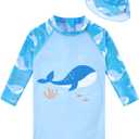 ADUKIDE Baby Boys Swimsuit Summer Beach Rash Guard Swimwear One Piece Sunsuit with Sun Hat 3-24 Months (12-18 Months, Whale Blue)