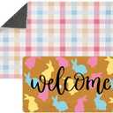 Tinideya 2 Pcs Colorful Bunny Welcome Doormat 23x35 in Layered Buffalo Plaid Carpet Easter Non Slip Rabbit Bathroom Coir Mat for Holiday Entrance Porch Indoor Outside Home Decor Gift Supplies