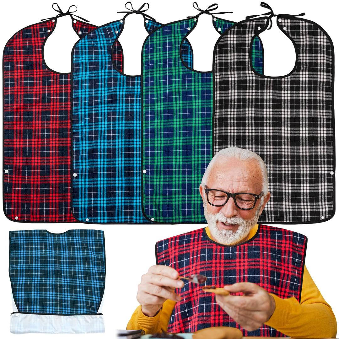 XKDOUS 4 Pcs Adult Bibs For Men Washable Clothing Protector with Crumb Catcher for Eating, Reusable Waterproof Large Feeding Adult Bibs Gift for Men Women Elderly Senior (Black & Green & Red & Blue)