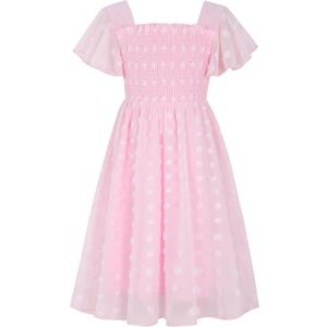 Kids4ever Pink Girl Chiffon Flower Dresses Size 8 9 Girl's Flying Short Sleeves Square Neck Frocks Plain Fancy Tutu Dress for 8-9 Years Child School Holiday Outdoor Daily Wear