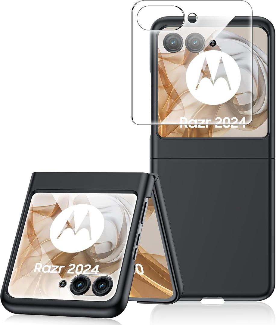 for Motorola Razr 2024 Case, [Built-in Front Screen Protector] Slim Matte PC Shockproof Cover Wireless Charging Case for Razr 2024 (Black)