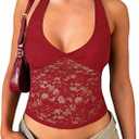 Matunana Women's Lace Halter Tops Going Out V Neck Crop Backless Sleeveless Tank Y2k Cute Sexy Shirt Summer Trendy 2026 (Red, S)